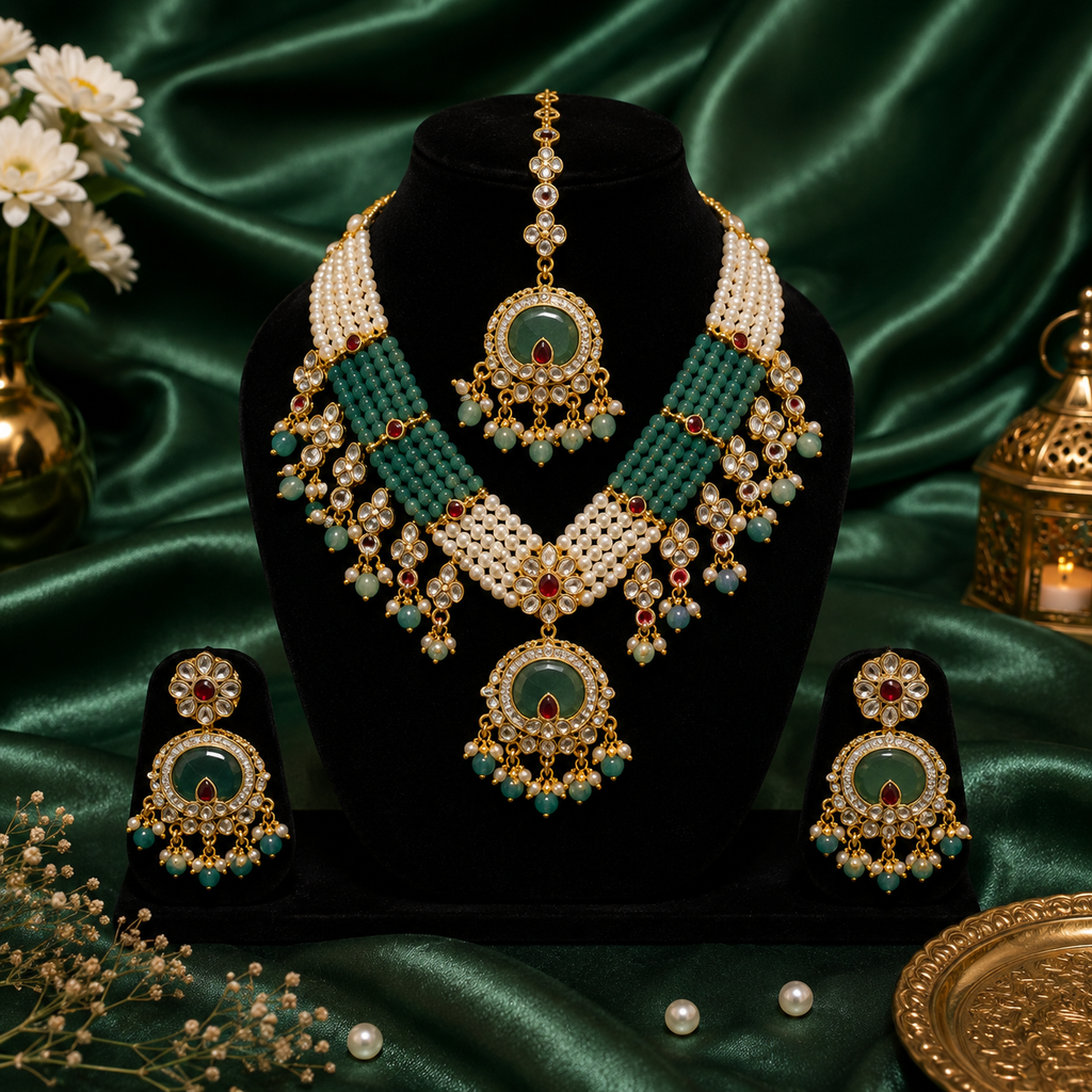 Rajwada Emerald Pearl Kundan Set