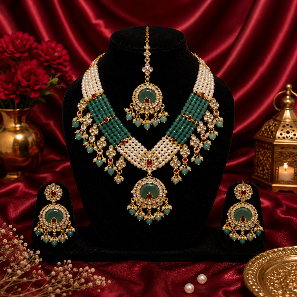 Rajwada Emerald Pearl Kundan Set