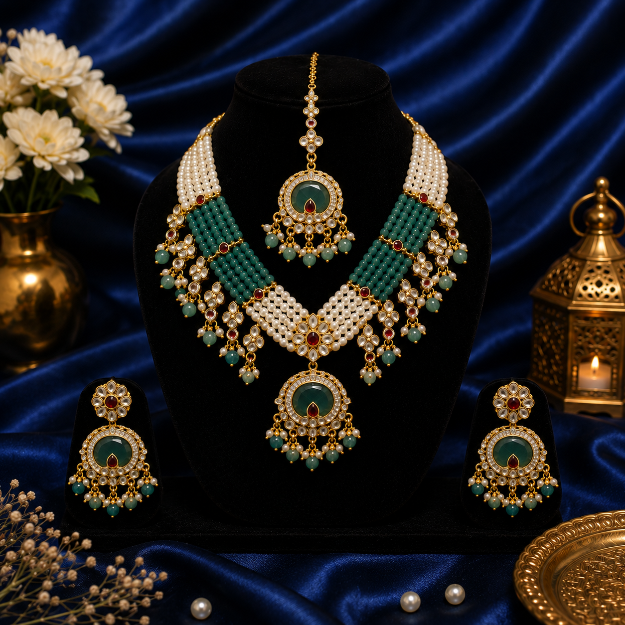 Rajwada Emerald Pearl Kundan Set