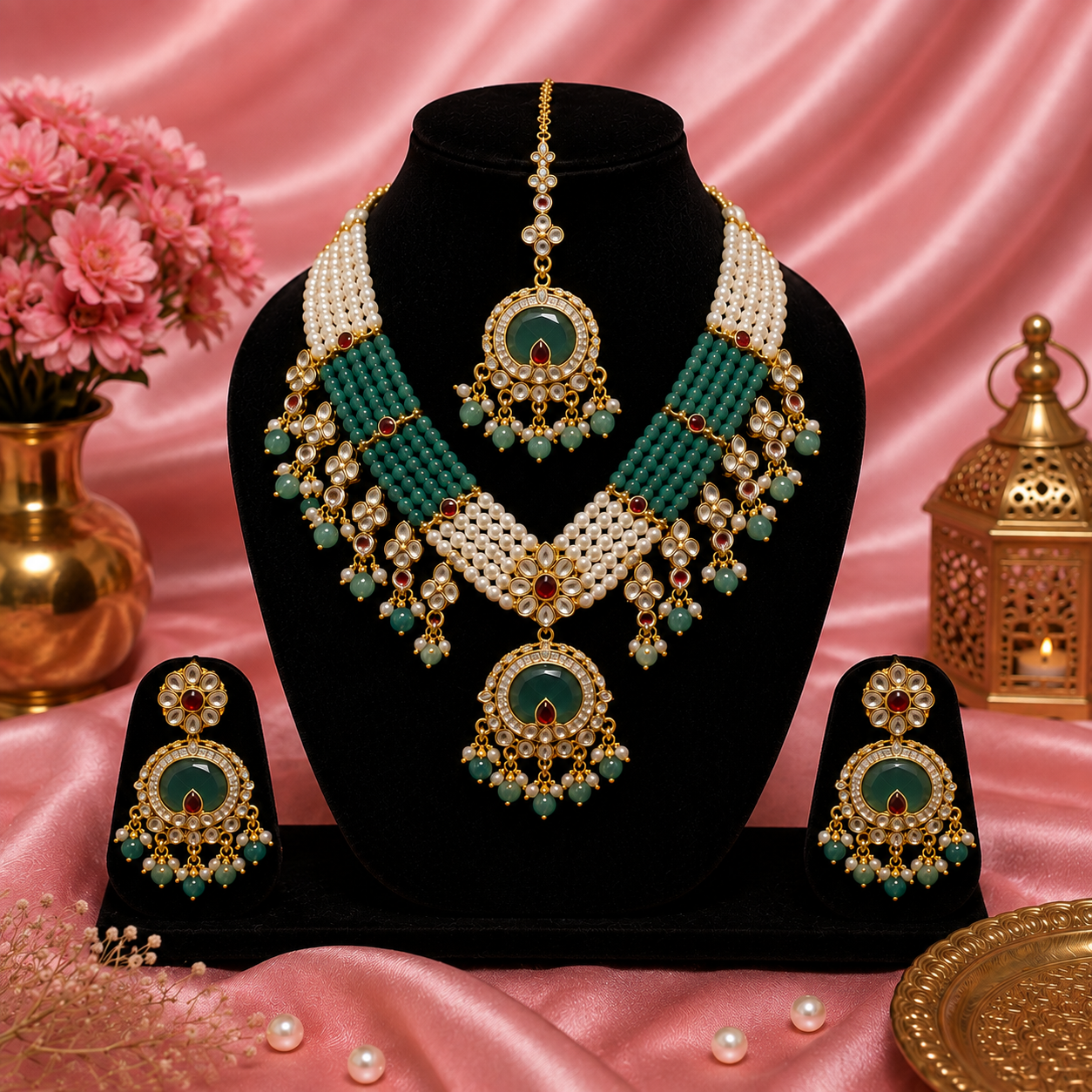 Rajwada Emerald Pearl Kundan Set