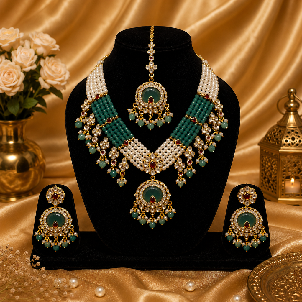 Rajwada Emerald Pearl Kundan Set