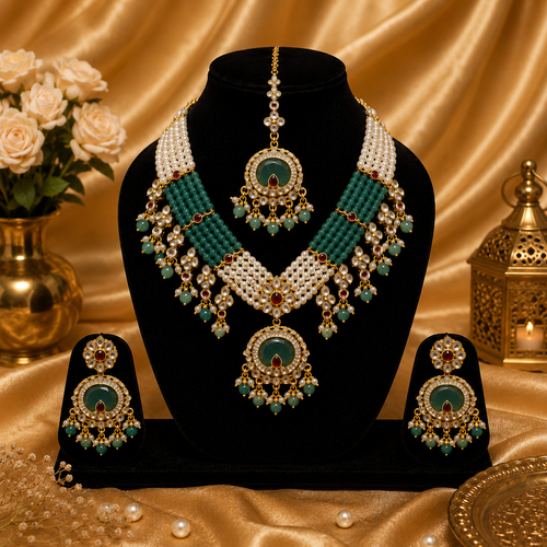 Rajwada Emerald Pearl Kundan Set